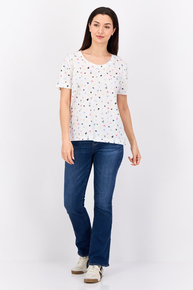 ESPRIT تي شيرت نسائي بياقة دائرية مطبوع بالكامل، أبيض - Image 4